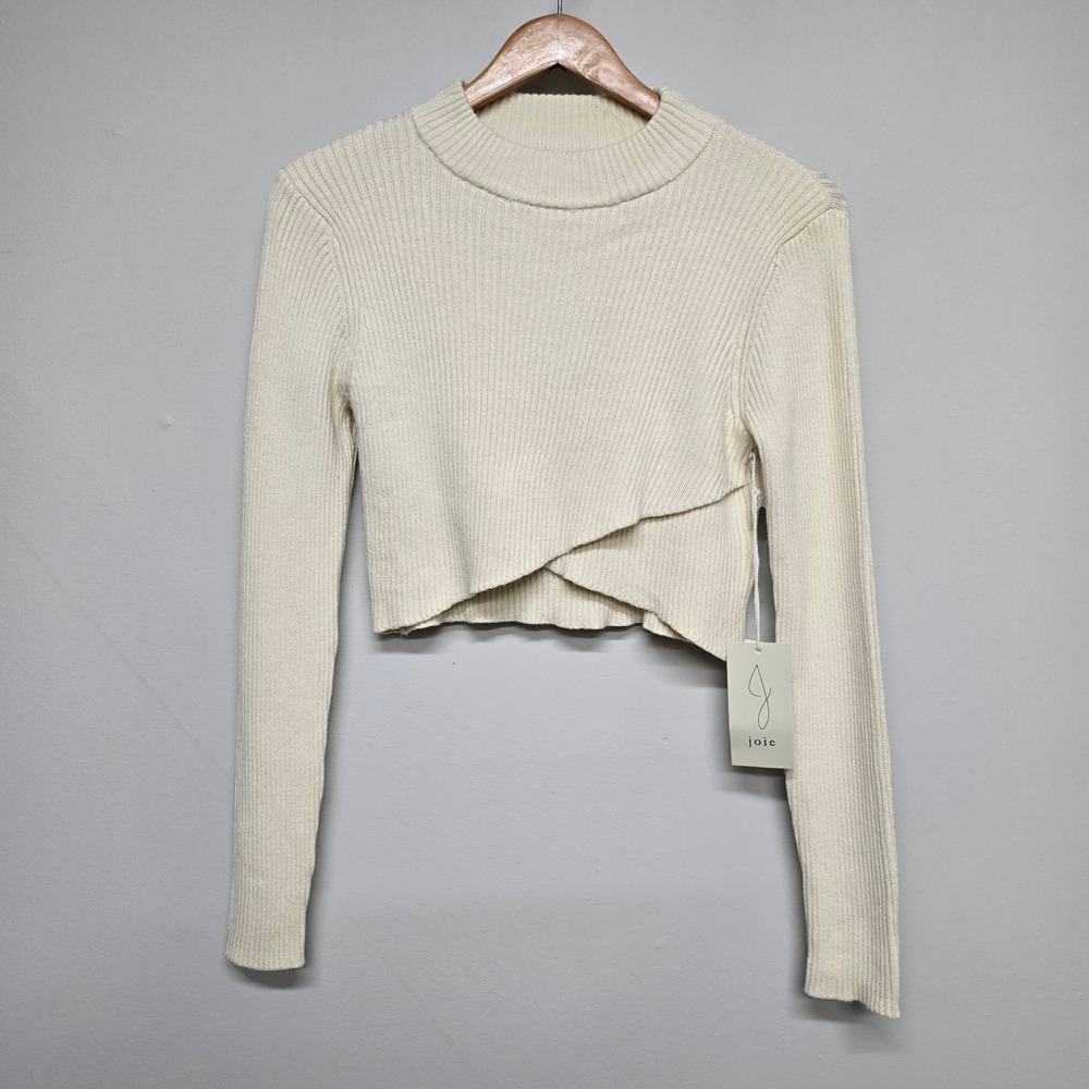 Joie Cropped Ribbed Sweater Womens Medium Cream Crossover Hem Minimalist